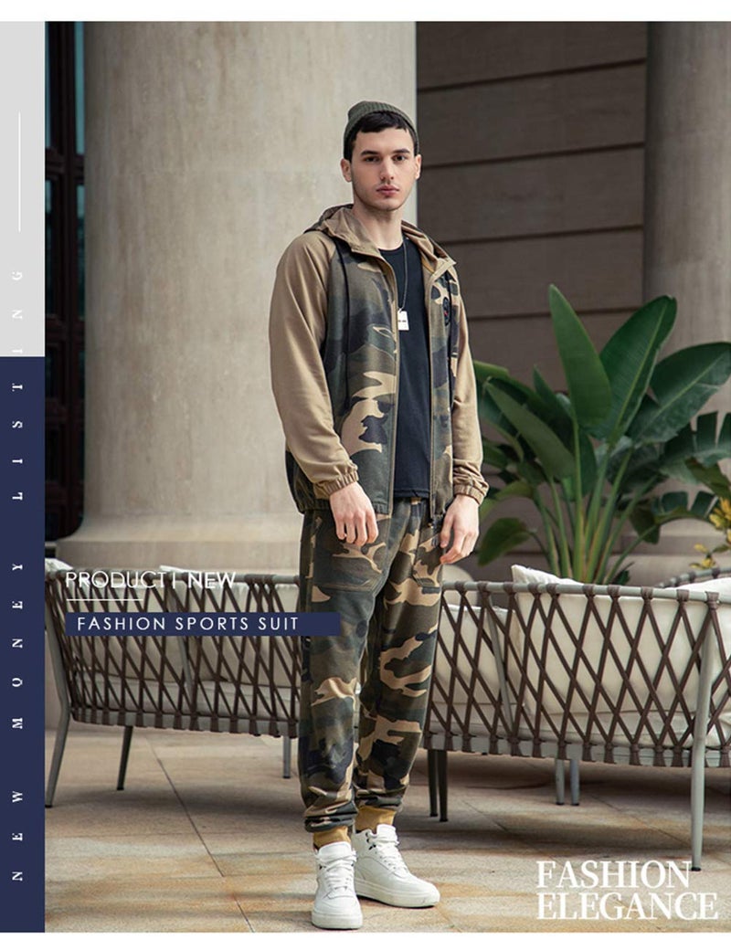 DUOFIER Men's Tracksuit Set Camouflage Sweatshirt Jogger Sweatpants Warm Sports Suit, Khaki-L - Image 2